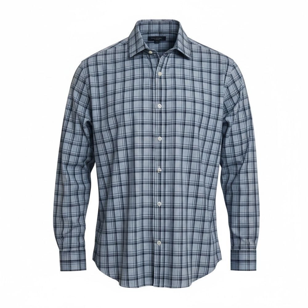 Alfani Plaid Utility Cotton Long‎ Sleeve Button Down Shirt Gray Blue Size Large